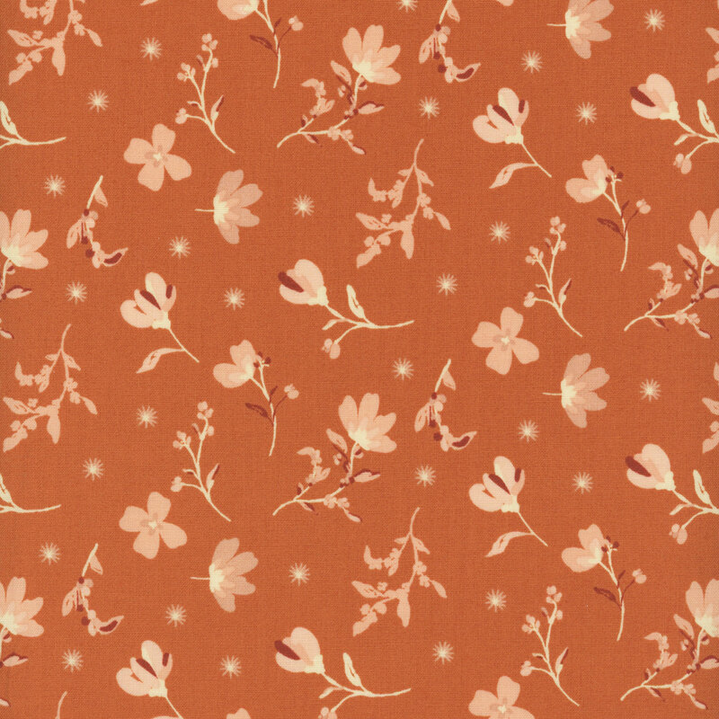 fabric pattern of white florals scattered all over a orange background.