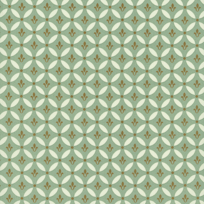 fabric pattern of geometric pattern of stylized floral motifs within circles.