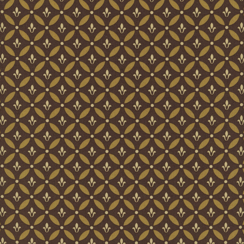 Brown fabric with a geometric pattern of stylized floral motifs within circles.