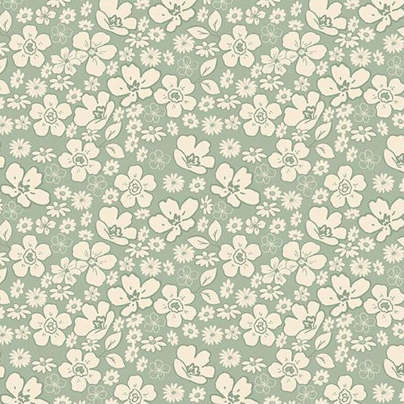 fabric pattern of white florals scattered all over a mint background