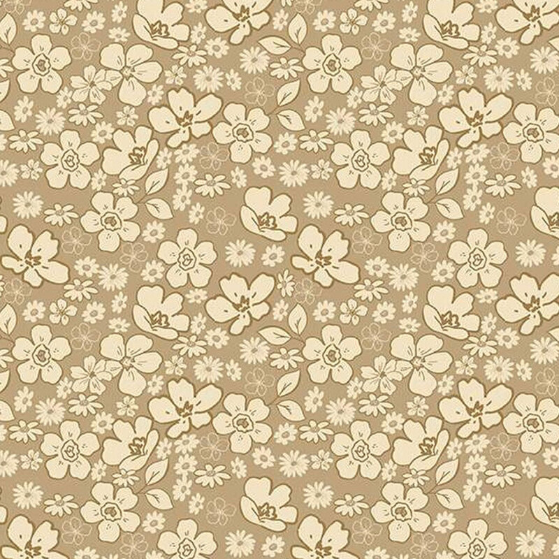 fabric pattern of white florals scattered all over a tan background