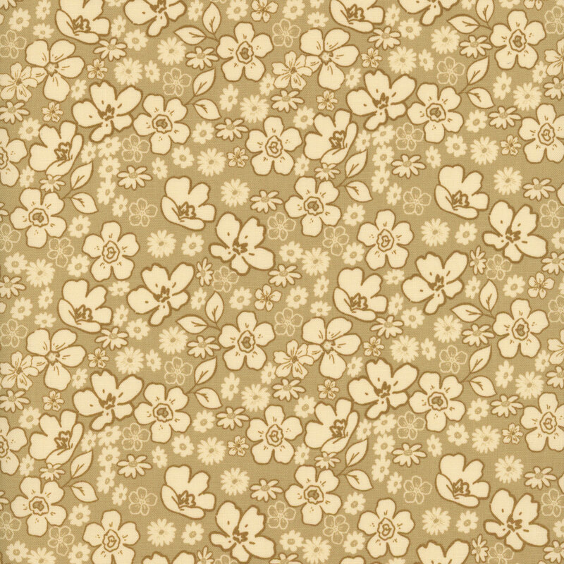 fabric pattern of white florals scattered all over a tan background.