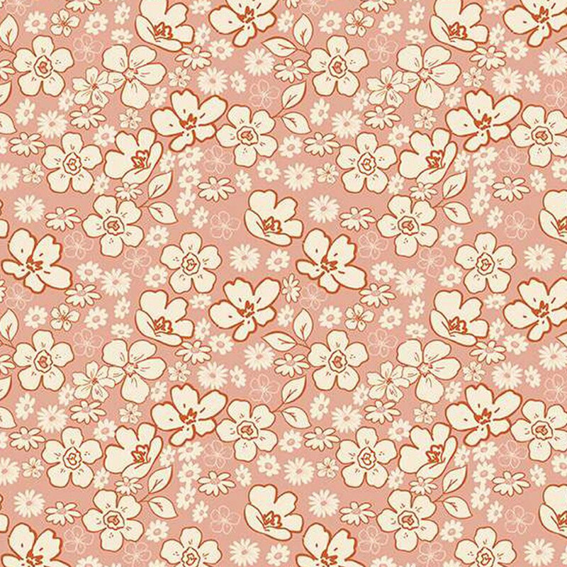 fabric pattern of white florals scattered all over a pink background