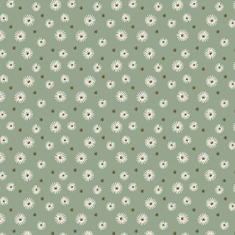 fabric pattern of white dandelions on a green background