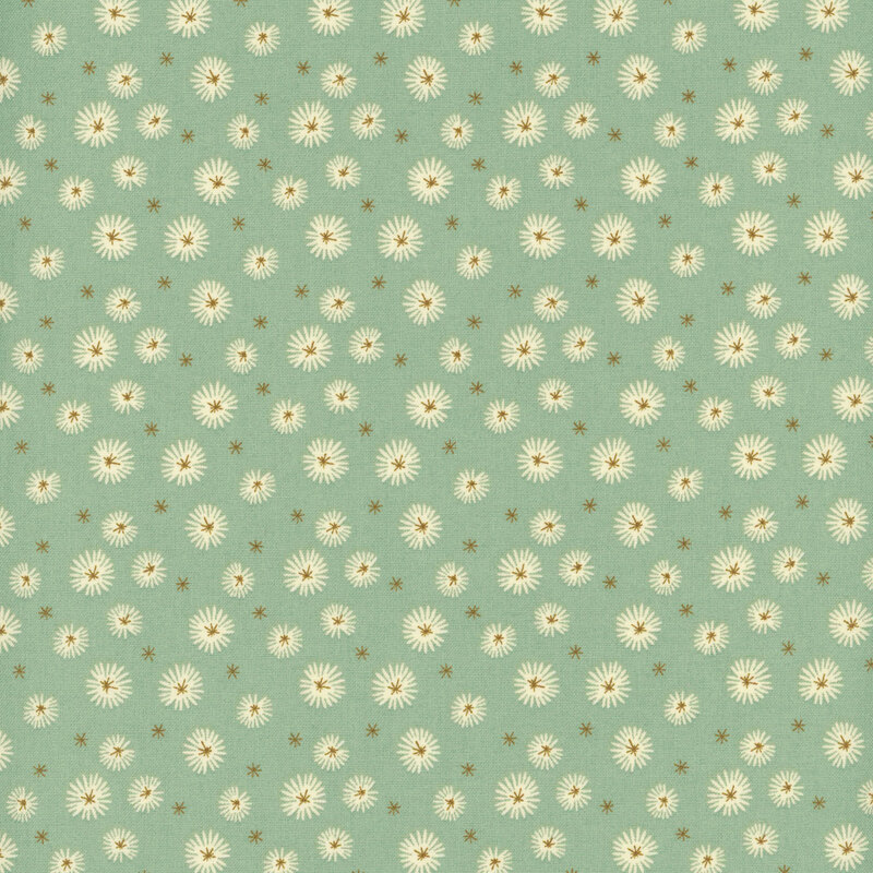 fabric pattern of white dandelions on a green background.