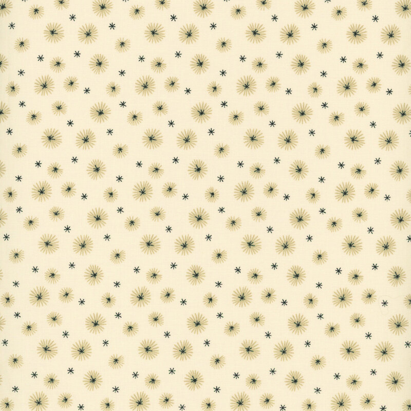 fabric pattern of white dandelions on a cream background.