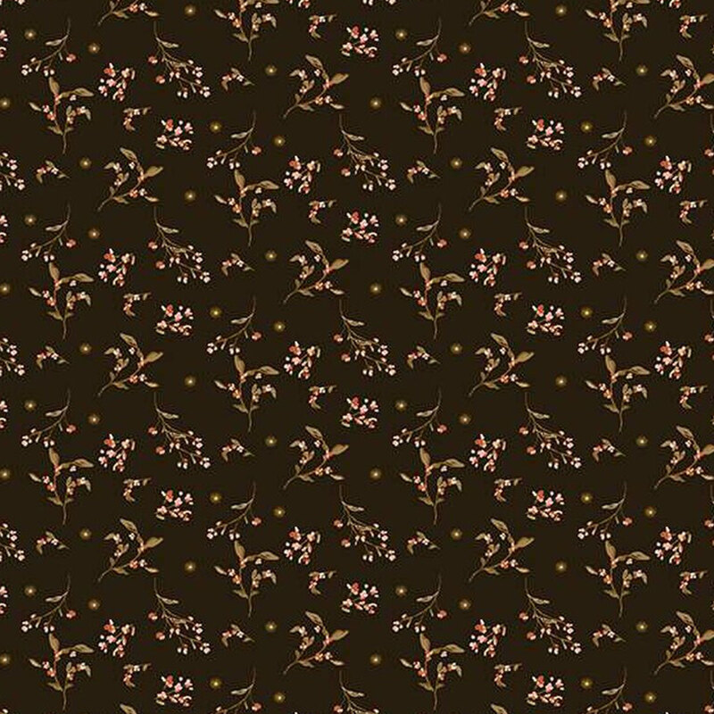 fabric pattern of leaves and florals on a dark brown background