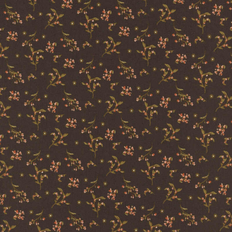 fabric pattern of leaves and florals on a dark brown background.