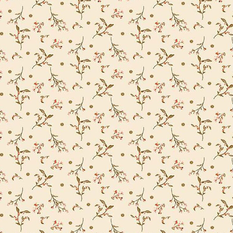 fabric pattern of leaves and florals on a cream background