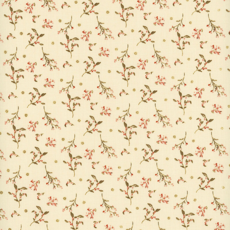 fabric pattern of leaves and florals on a cream background.