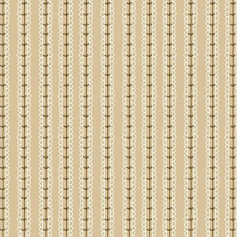 fabric of leaves on a vine in a stripped pattern all on a tan background