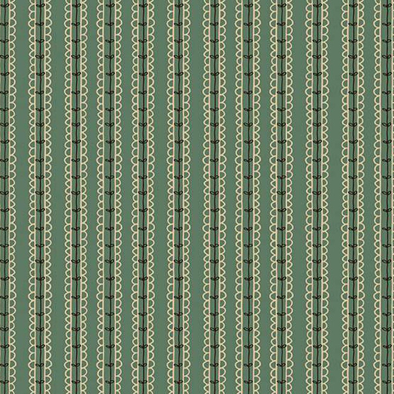 fabric of leaves on a vine in a stripped pattern all on a emerald background