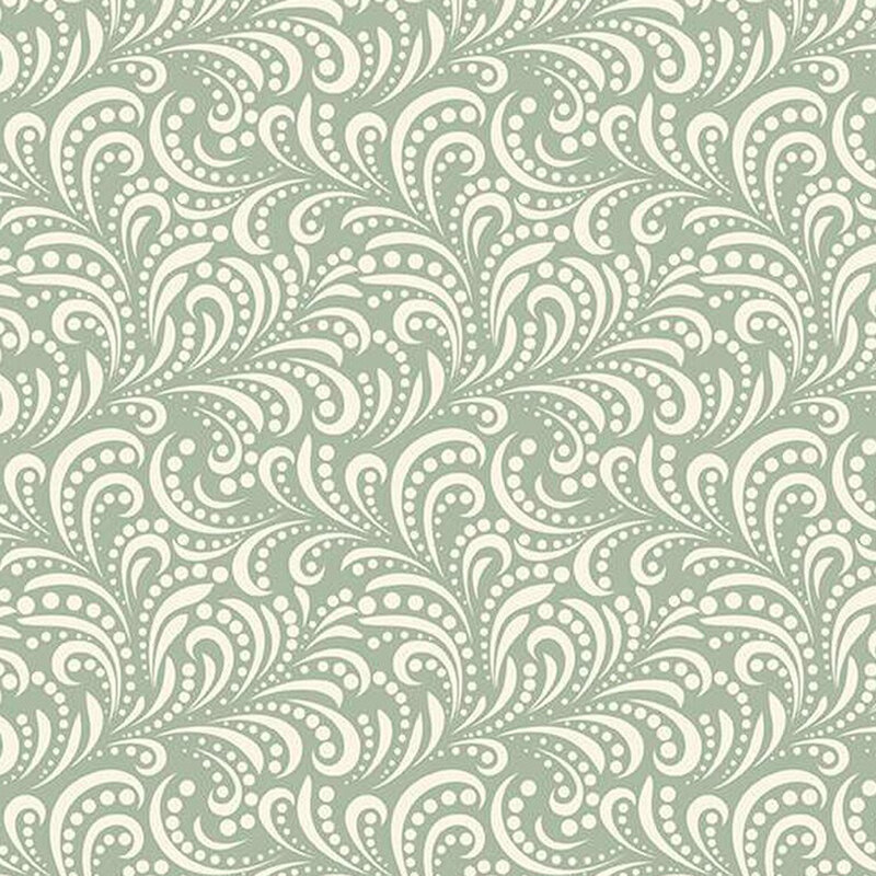 fabric pattern of white swirls on a green background