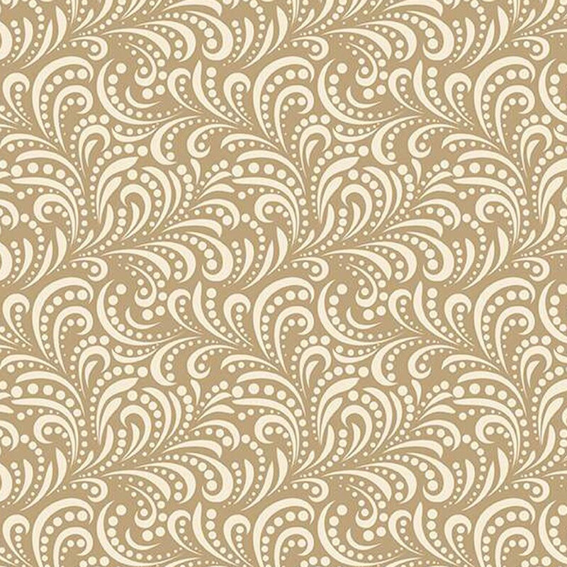 fabric pattern of white swirls on a tan background