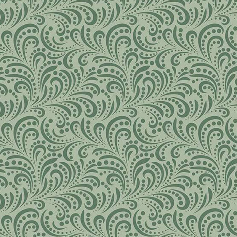 fabric pattern of dark green swirls on a green background