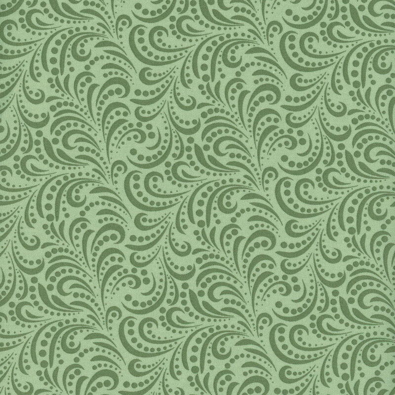 fabric pattern of dark green swirls on a green background.