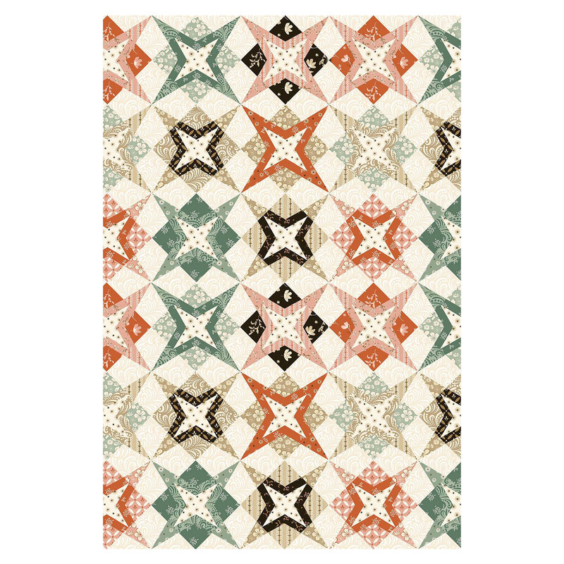 Faux patchwork stars with different patterns on a multicolored background.