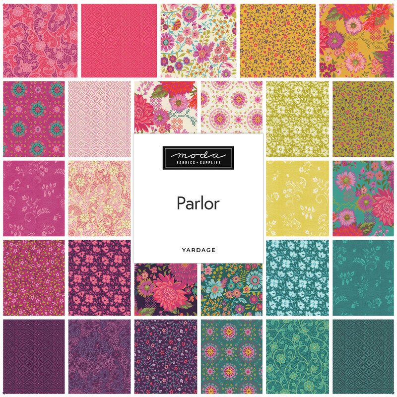 Collage of fabrics in the Parlor collection featuring various designs in vibrant colors