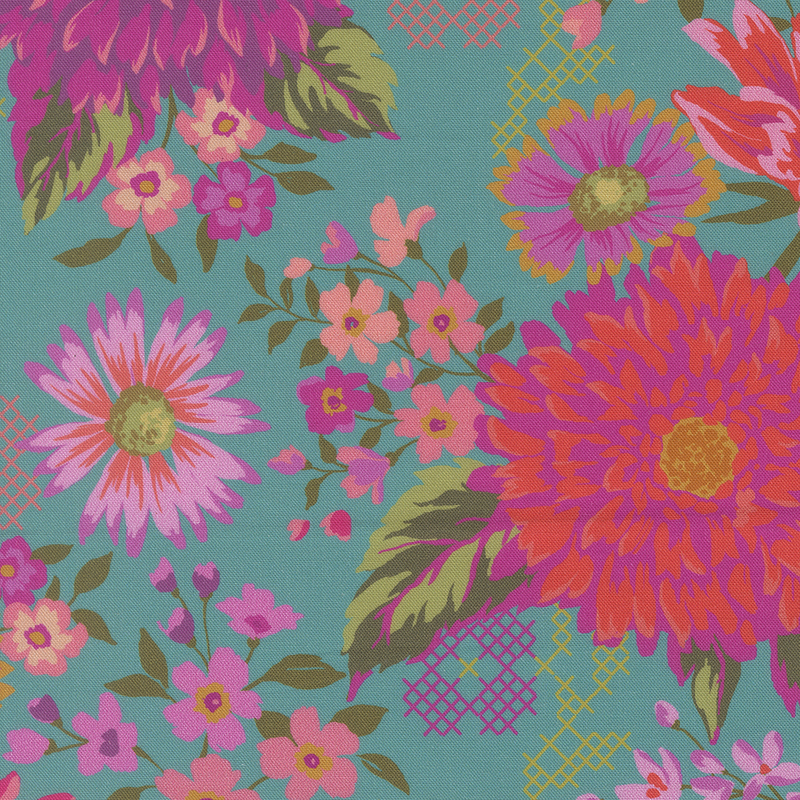 Floral fabric design featuring vibrant pink and purple flowers on a turquoise background.