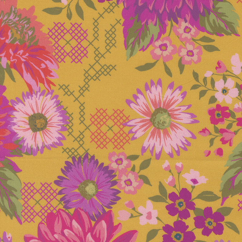 Floral fabric design featuring vibrant pink and purple flowers on a golden yellow background.