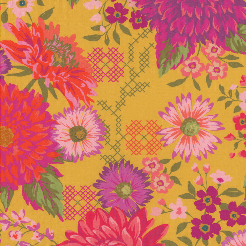 Floral fabric design featuring vibrant pink and purple flowers on a golden yellow background.