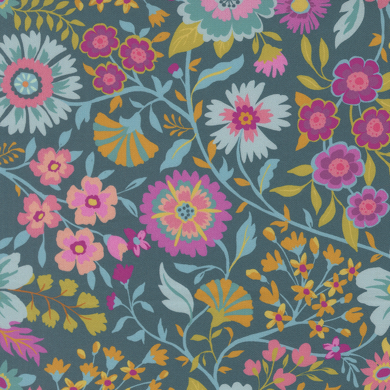 A floral pattern with colorful flowers and vines on a teal background.