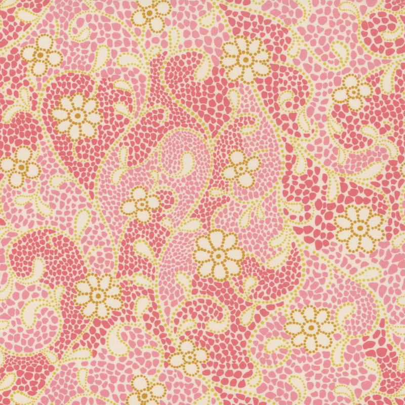 A mosaic like pattern in shades of pink with cream floral vines and golden accents.