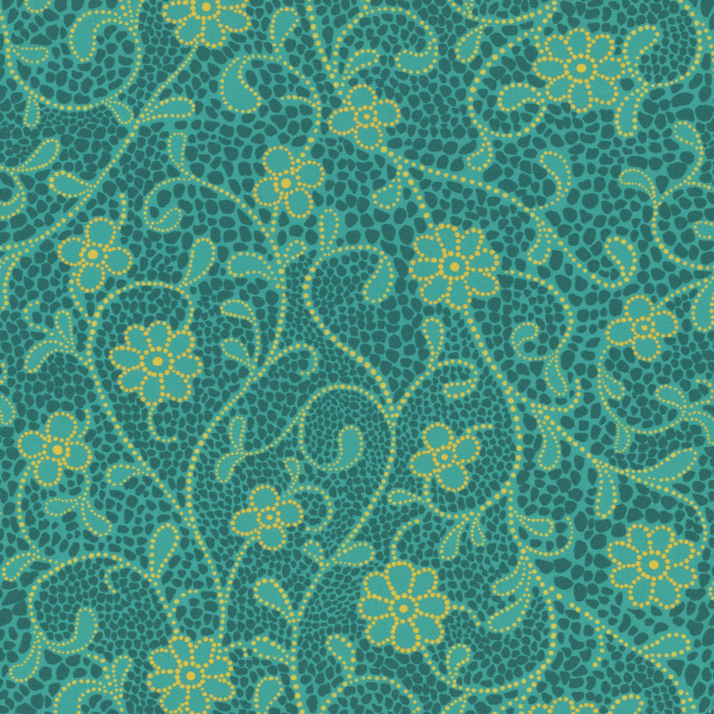 A mosaic like pattern in dark of teal with turquoise floral vines and golden accents.