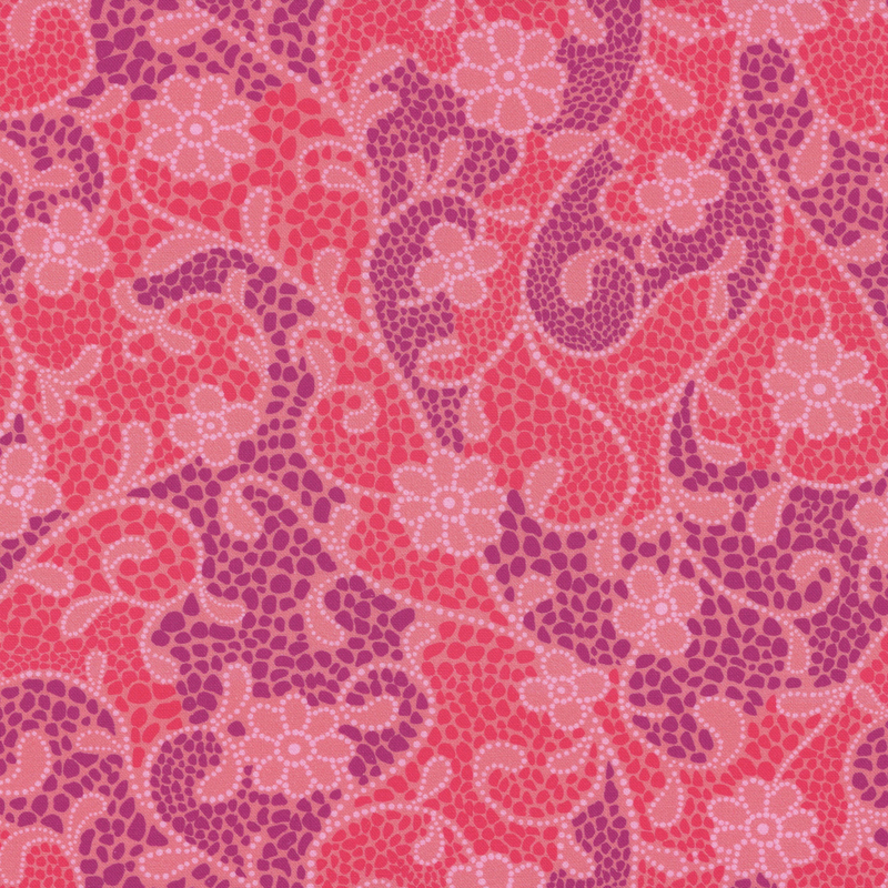 A mosaic like pattern in purple and pink with light pink floral vines and light accents.