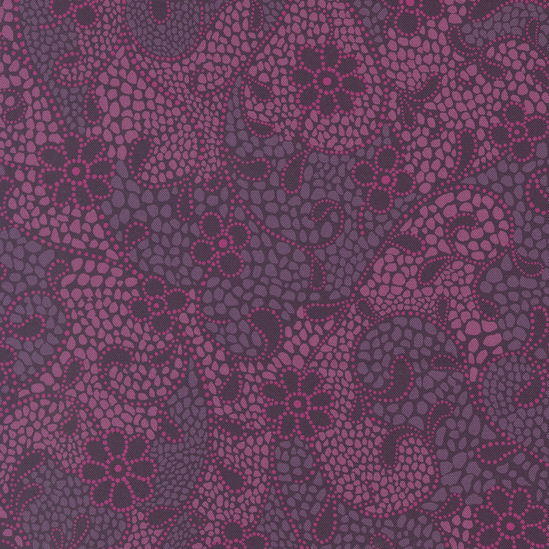 A mosaic like pattern in shades of purple with dark purple floral vines and pink accents.