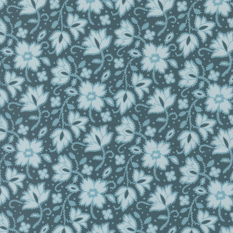 A teal fabric pattern featuring light blue floral designs and swirling vines.