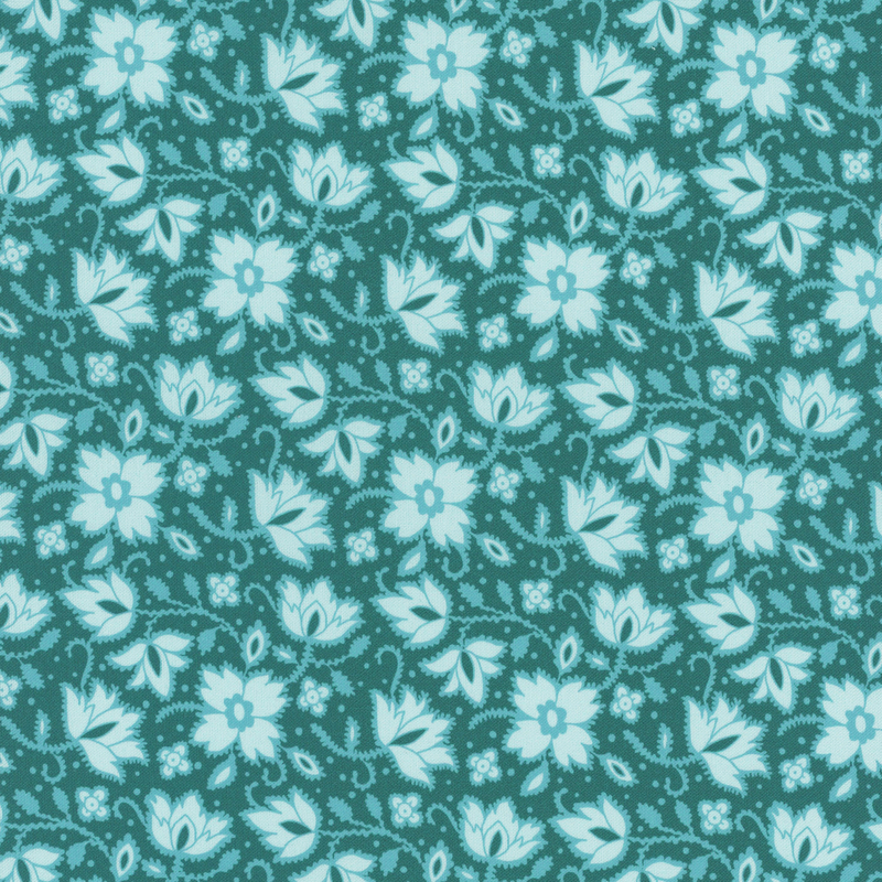 A teal fabric pattern featuring light blue floral designs and swirling vines.