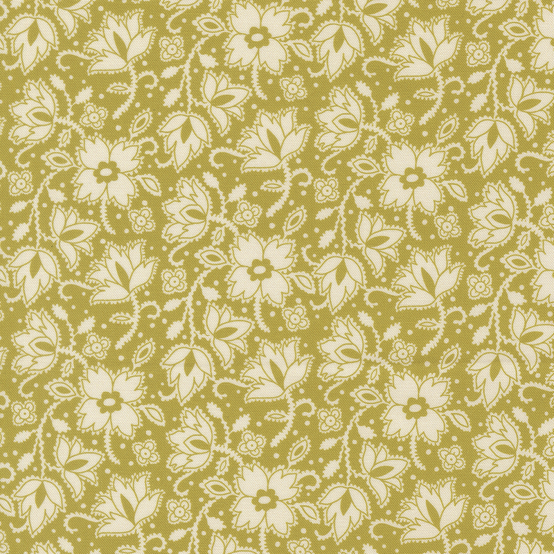 An olive green fabric pattern featuring white floral designs and swirling vines.