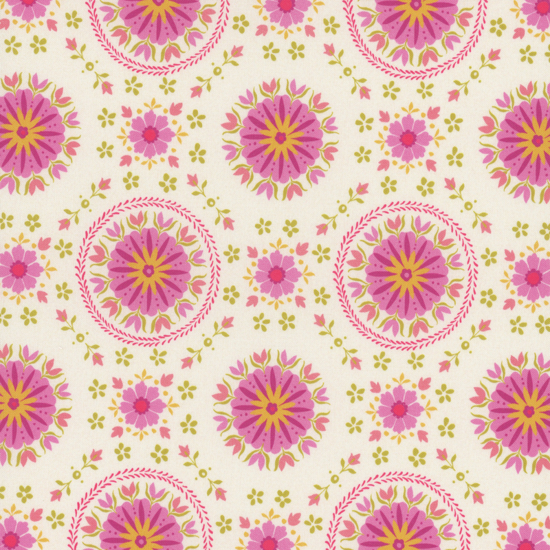 Repeating floral pattern with circular designs in pink, yellow, and green on a cream background.
