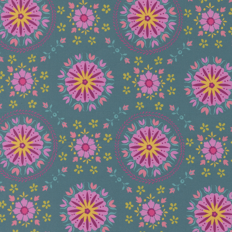 Repeating floral pattern with circular designs in pink, yellow, and turquoise on a teal background.