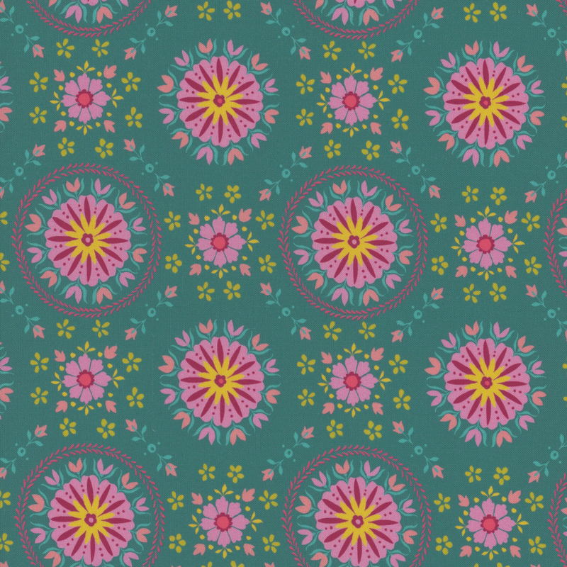 Repeating floral pattern with circular designs in pink, yellow, and turquoise on a teal background.