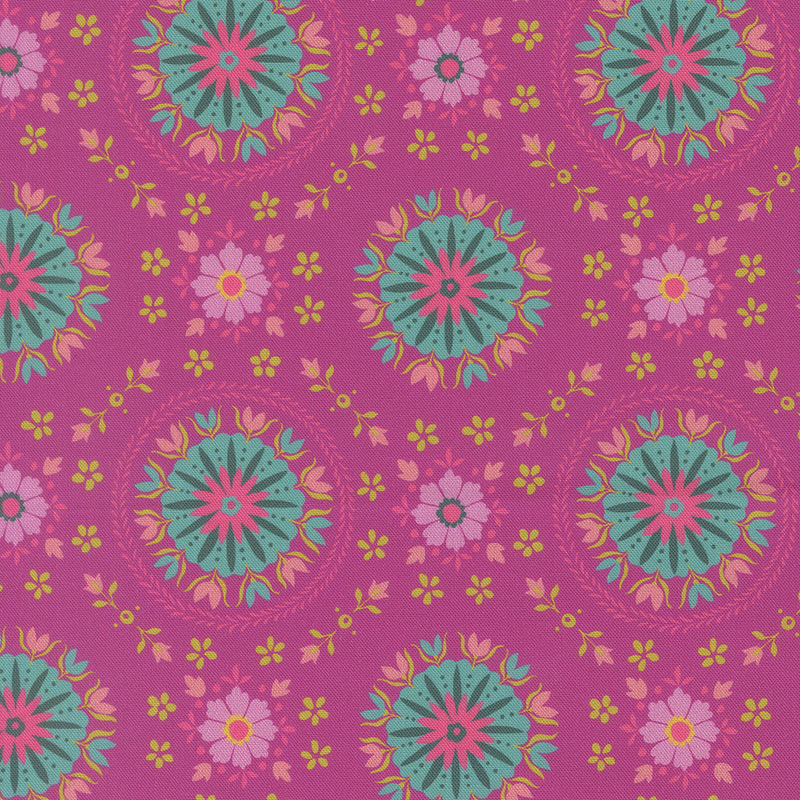 Repeating floral pattern with circular designs in pink, green, and turquoise on a vibrant pink background.