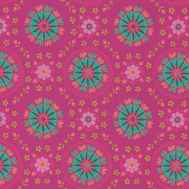 Repeating floral pattern with circular designs in pink, green, and turquoise on a vibrant pink background.