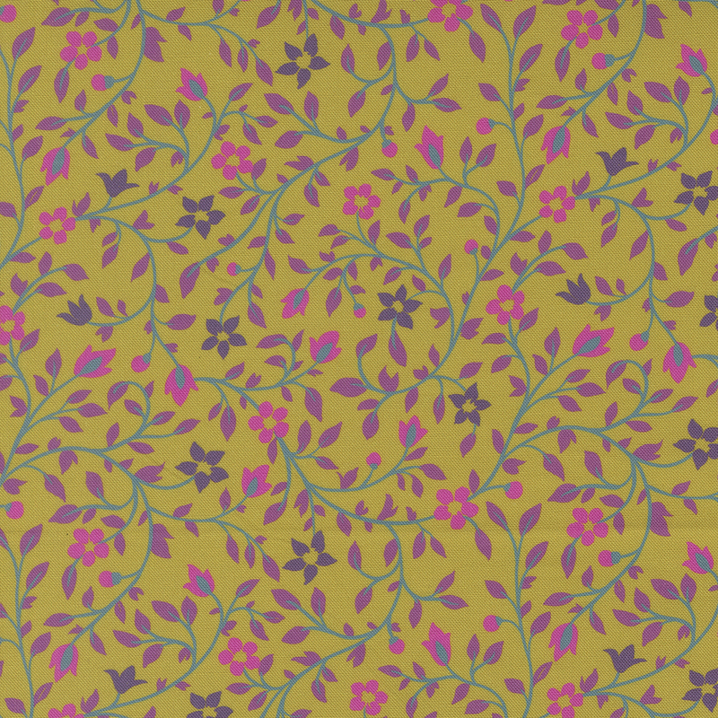 A brassy yellow fabric with intricate floral patterns in pink, purple, and green.