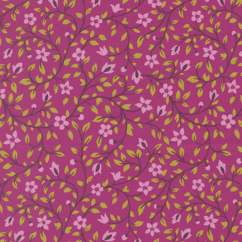 A dark pink fabric with intricate floral patterns in light pink, and lime green.