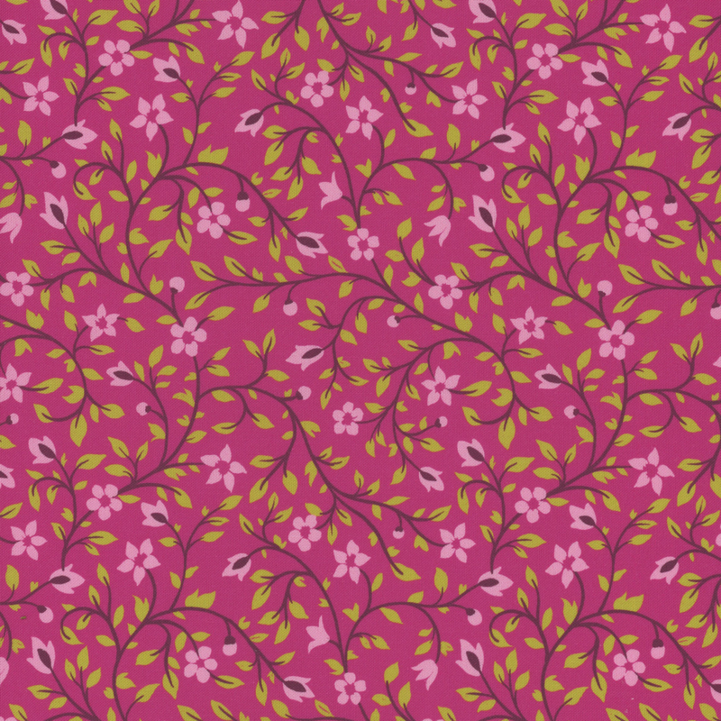 A dark pink fabric with intricate floral patterns in light pink, and lime green.