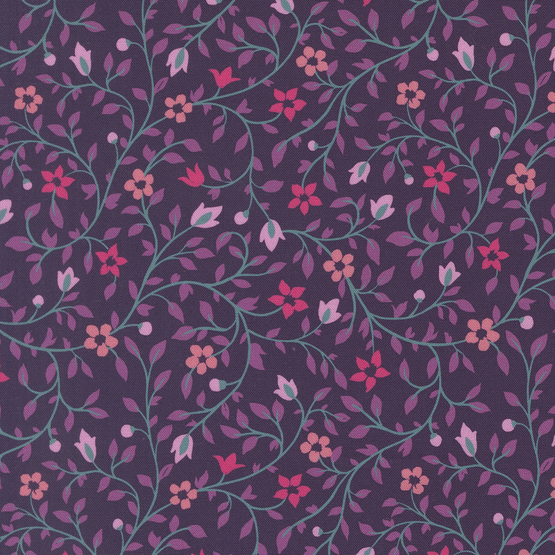 A dark purple fabric with intricate floral patterns in shades of pink and turquoise.