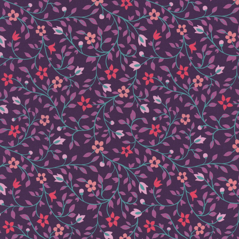 A dark purple fabric with intricate floral patterns in shades of pink and turquoise.