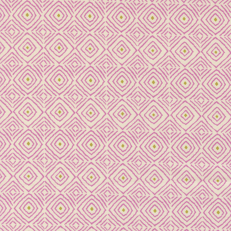 A repeating geometrical pattern of pink diamonds with green centers on a cream background.