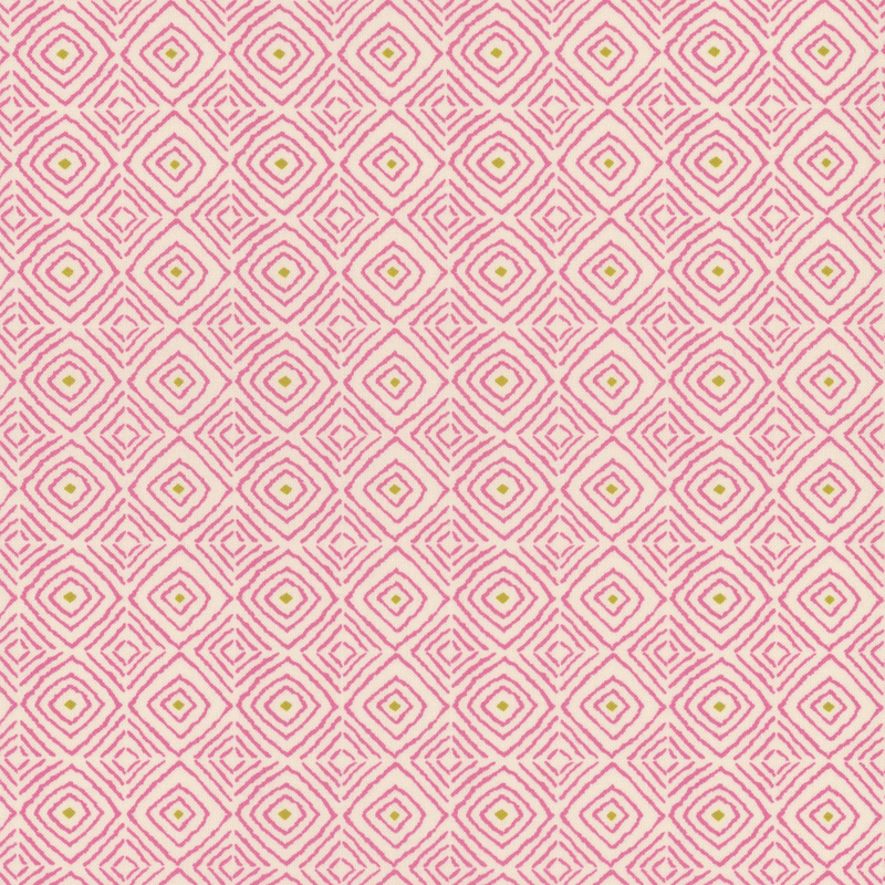 A repeating geometrical pattern of pink diamonds with green centers on a cream background.