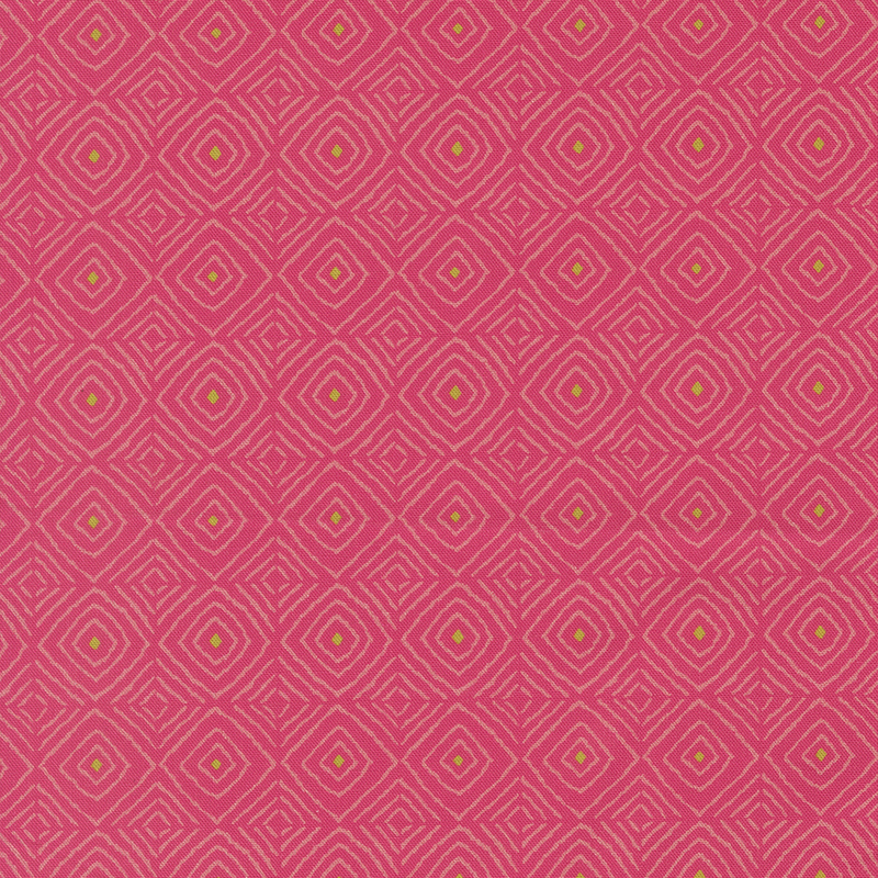 A repeating geometrical pattern of light pink diamonds with green centers on a hot pink background.