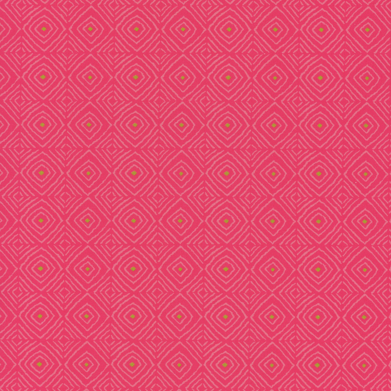 A repeating geometrical pattern of light pink diamonds with green centers on a hot pink background.