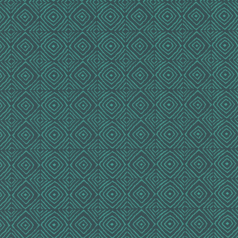 A repeating geometrical pattern of turquoise diamonds on a teal background.