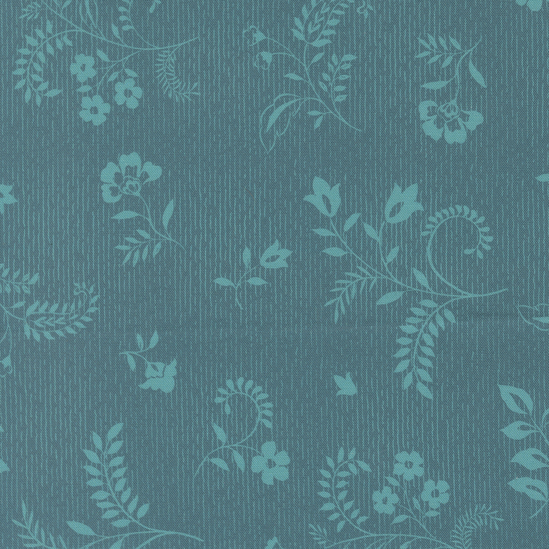 Textured teal fabric with turquoise floral and leaf designs.