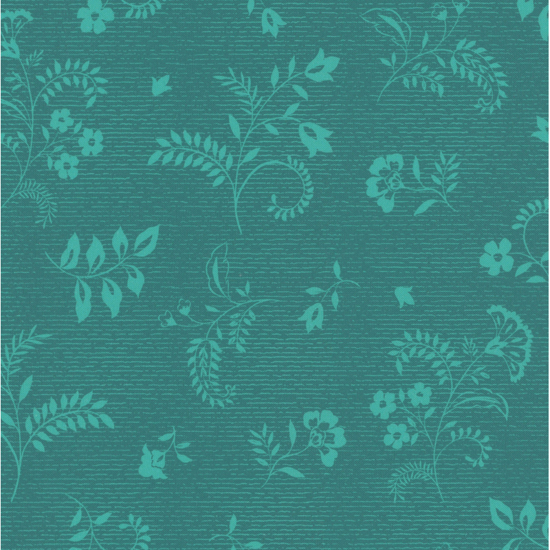 Textured teal fabric with turquoise floral and leaf designs.